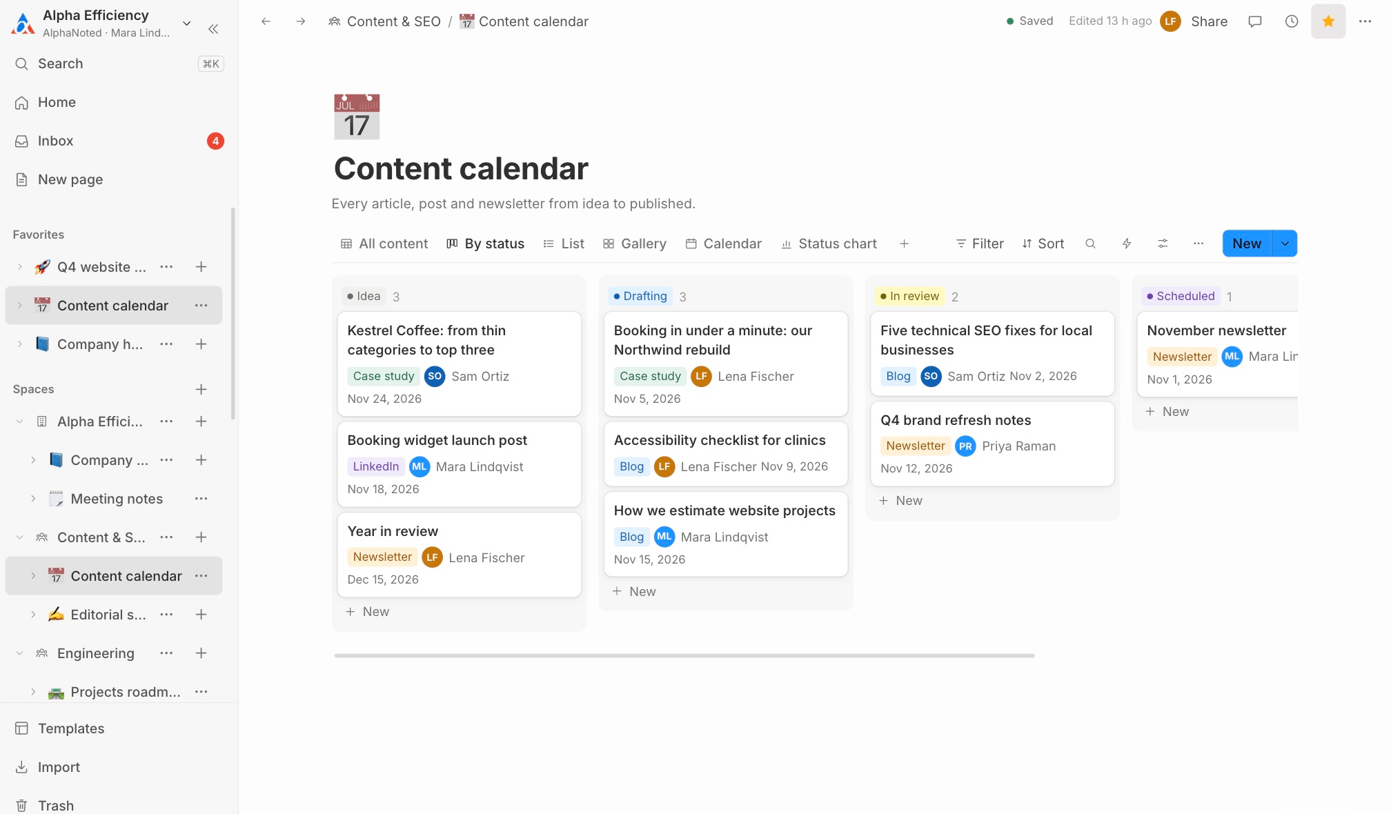 The content calendar as a board in the upcoming interface, with cards grouped into Idea, Drafting, In review and Scheduled. Sample content.