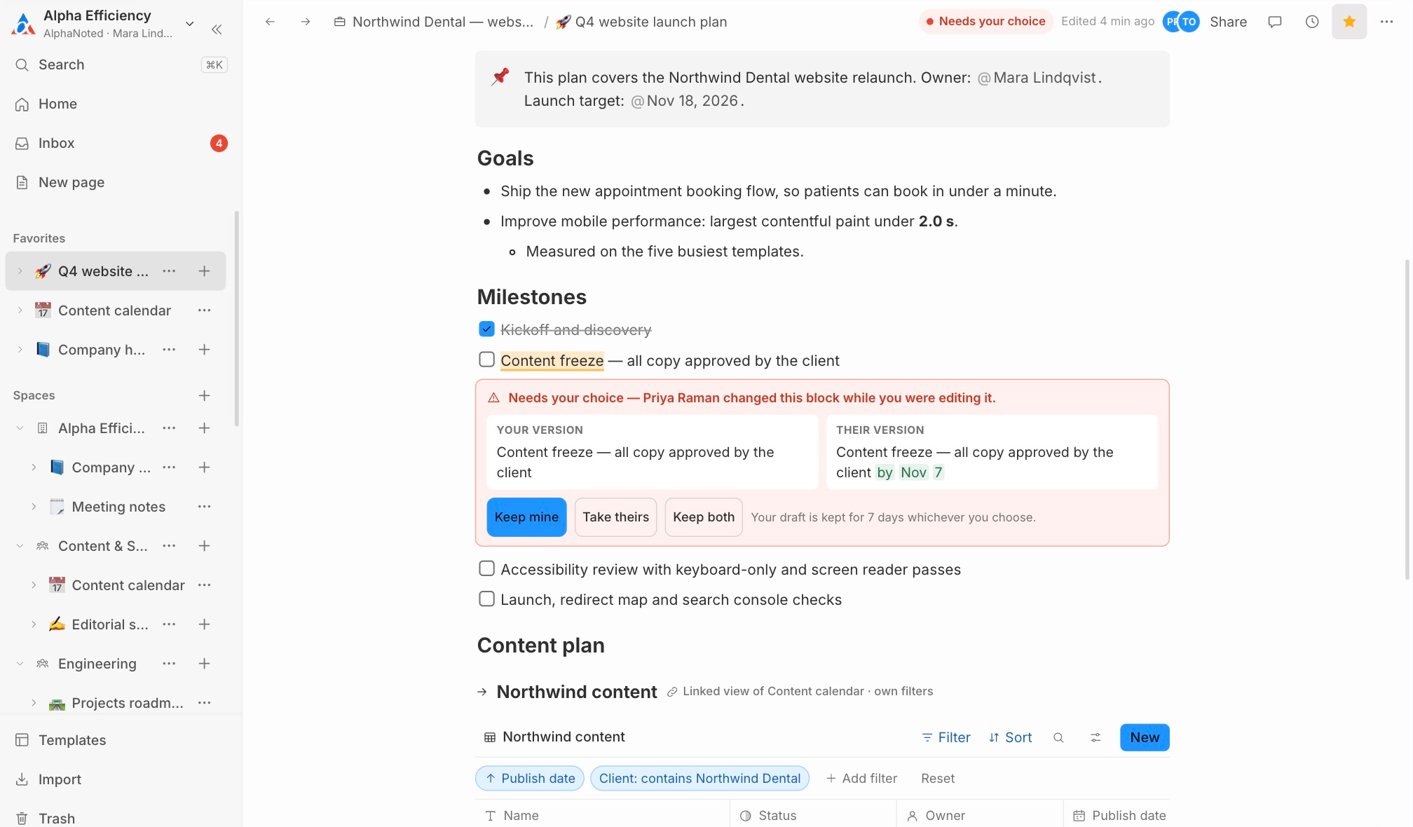 The upcoming interface asking which version to keep, with Keep mine, Take theirs and Keep both, and both versions side by side. Sample content.