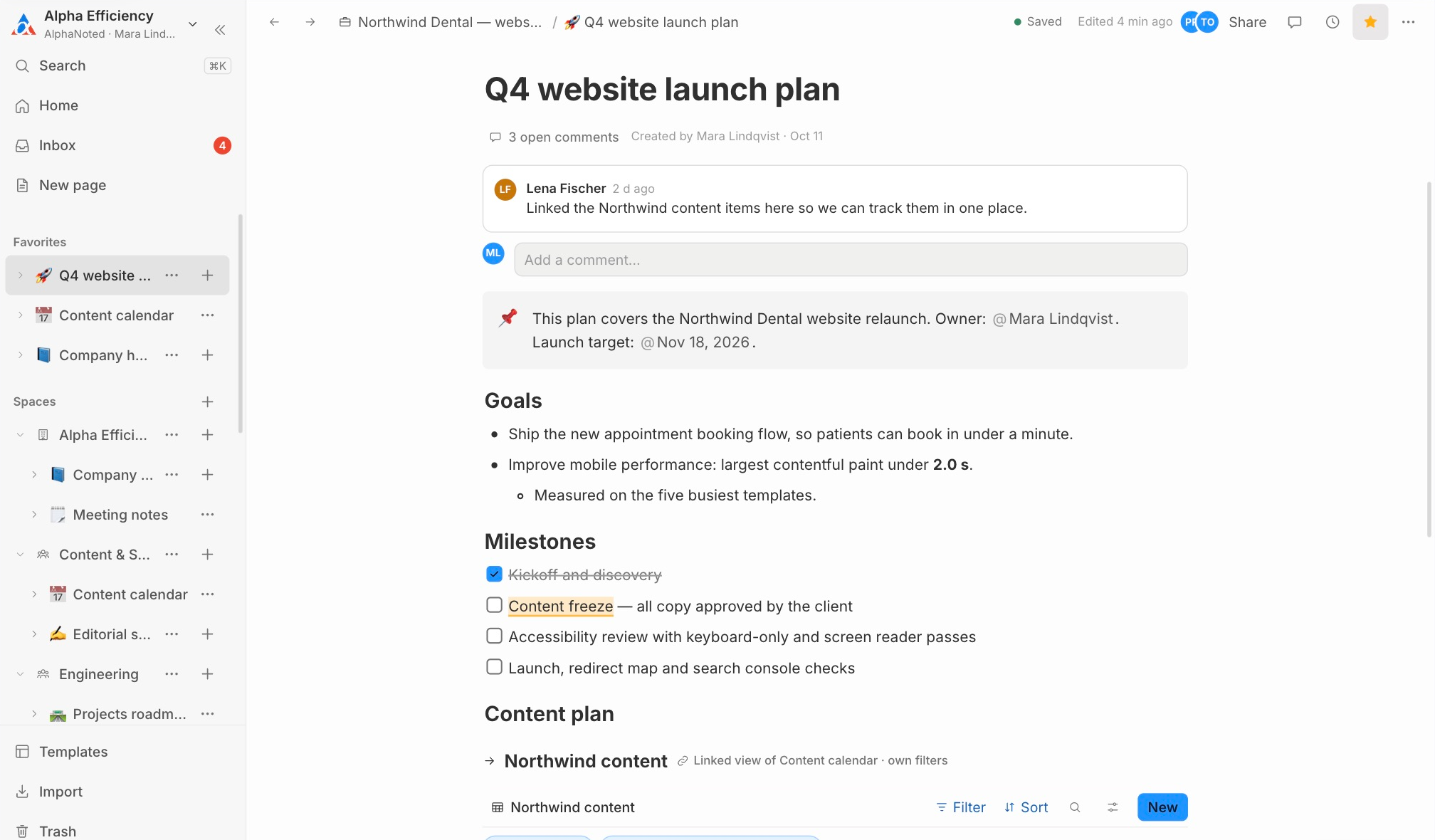 The upcoming AlphaNoted interface: a project plan page with comments, a callout, goals, milestones and a linked table, beside a sidebar of favourites and spaces. Sample content.